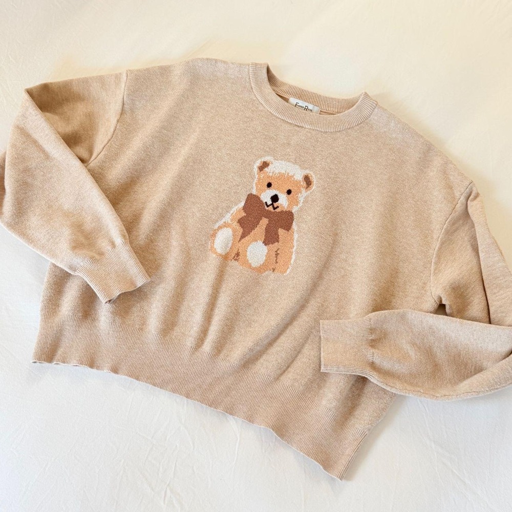 Faded Rose Cream Teddy Bear Knit Sweater Intarsia Crewneck Tan Brown Bow Size M